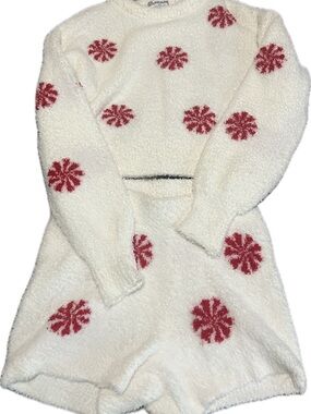 No Boundaries White Plush Two-Piece Lounge Set with Red Snowflake Dots